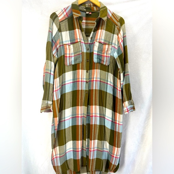 Pilcro Tops - Pilcro Tunic Button Up Shirt Duster Green Plaid Long Sleeve Anthropologie Sz XS